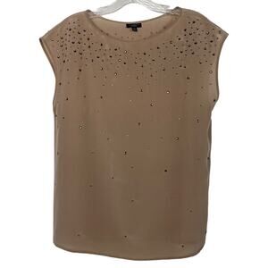 TALBOTS Pure Silk Top XS Rhinestone Tan Shell Fairy Neutral Minimalist